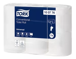 Tork Universal T4 toalettpapper natur – 1-lagers 48-pack för miljövänlig och kostnadseffektiv hygien  48 rullar Tork T4 Universal toalettpapper – naturfärgat 1-lagers papper för offentliga toaletter