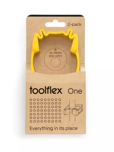 Toolflex One hållare gul 2-pack med adapter – flexibel och säker förvaring av redskap på vägg eller vagn