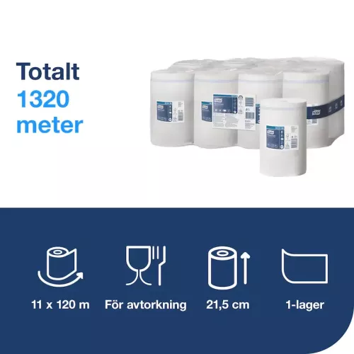 Tork avtorkningspapper 1-lag vit 120 m Advanced M1 – absorberande torkpapper för effektiv rengöring och avtorkning av ytor