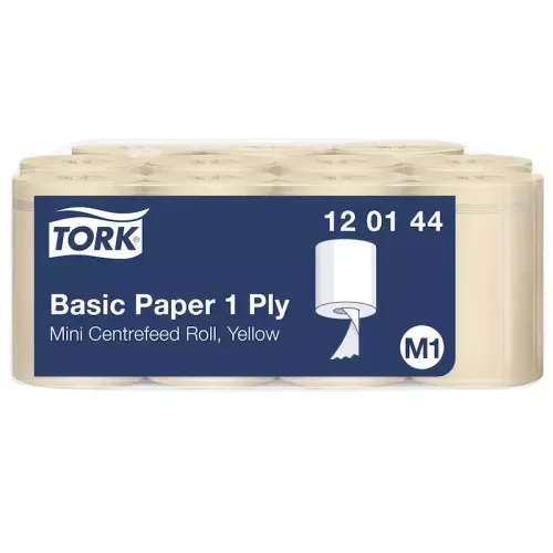 Tork Basic papper 1-lag gul 115 m Universal M1 – slitstarkt och prisvärt torkpapper för effektiv rengöring and avtorkning