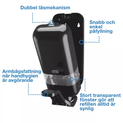 Närbild av Tork dispenser för tvål och handsprit S4 med armbågsfattning i svart – hygienisk lösning för beröringsfri dosering med armbåge, idealisk för vård, kök