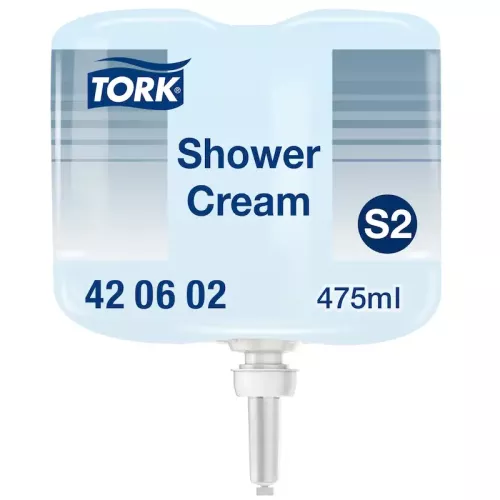 Tork flytande duschcreme mini S2 475 ml refill i vit flaska med etikett – mild och vårdande duschtvål för daglig kroppsrengöring, kompatibel med Tork S2 dispensersystem i hotell, gym och offentliga duschutrymmen