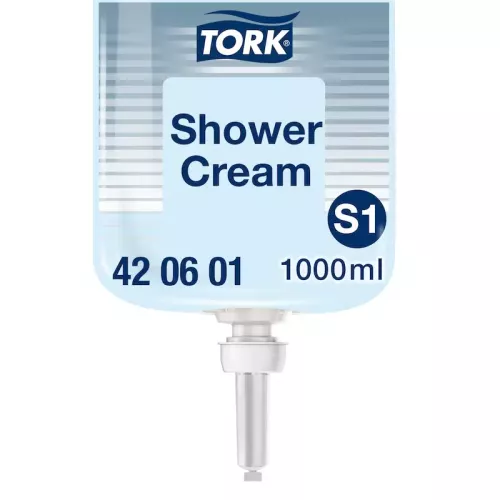 Tork flytande duschcreme S1 refill i transparent plastflaska – mild och återfuktande duschtvål för daglig kroppsrengöring, kompatibel med Tork S1 dispensersystem i hotell, gym och offentliga duschutrymmen