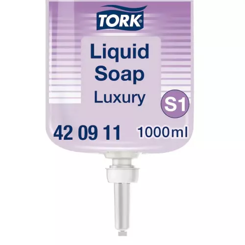 Tork Luxury flytande tvål S1 refill i transparent plastflaska – lyxig, återfuktande och dermatologiskt testad handtvål med mild doft, kompatibel med Tork S1 dispensersystem för premium handhygien i hotell, kontor och offentliga miljöer