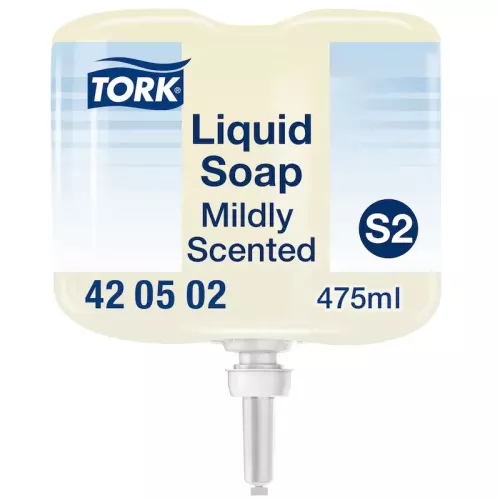 Tork Mild flytande tvål mini S2 475 ml refill i kompakt vit plastflaska – återfuktande, dermatologiskt testad handtvål med mild doft, kompatibel med Tork S2 dispensersystem för daglig handhygien i kontor, skola och offentliga miljöer