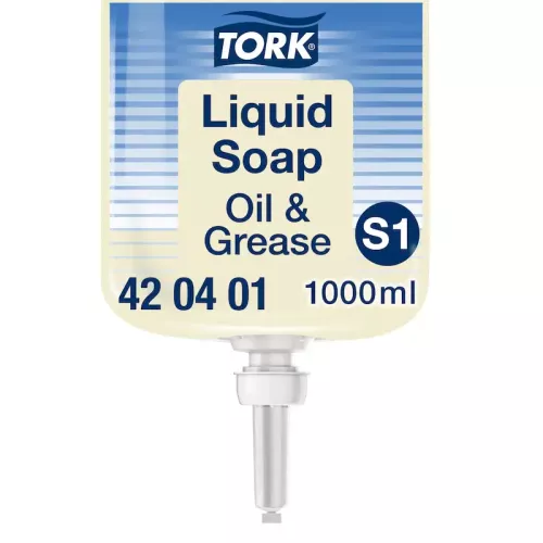 Tork olje- och fettlösande flytande tvål S1 refill i transparent plastflaska – kraftfull och effektiv handtvål som avlägsnar olja, fett och smuts, kompatibel med Tork S1 dispensersystem för industri, verkstad och kök
