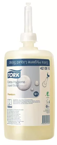 Tork Premium Extra Hygiene HD tvål S1 1 liter refill i transparent plastflaska – hygienisk och dermatologiskt testad handtvål för höga hygienkrav, kompatibel med Tork S1 dispensersystem i vård, livsmedel och offentliga miljöer