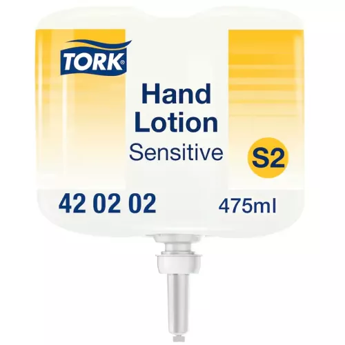 Tork Sensitive återfuktande hand lotion S2 475 ml refill i vit flaska – parfymfri och extra mild handkräm för känslig hud, används i Tork dispensersystem för professionell hudvård i vård och offentliga miljöer