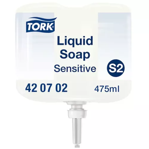 Tork Sensitive flytande tvål mini S2 475 ml refill i kompakt vit plastflaska – parfymfri, extra mild och dermatologiskt testad handtvål för känslig hud, kompatibel med Tork S2 dispensersystem i vård, kontor och offentliga miljöer