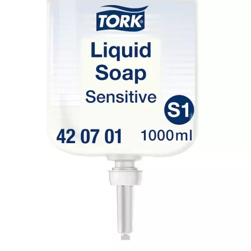 Tork Sensitive flytande tvål S1 refill i transparent plastflaska – parfymfri, extra mild och dermatologiskt testad handtvål för känslig hud, kompatibel med Tork S1 dispensersystem för professionell handhygien i vård, kontor och offentliga miljöer