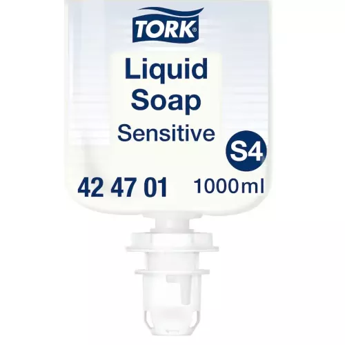 Tork Sensitive flytande tvål S4 1000 ml refill – parfymfri, extra mild och dermatologiskt testad handtvål för känslig hud, kompatibel med Tork S4 dispensersystem för professionell handhygien i vård, kontor och offentliga miljöer