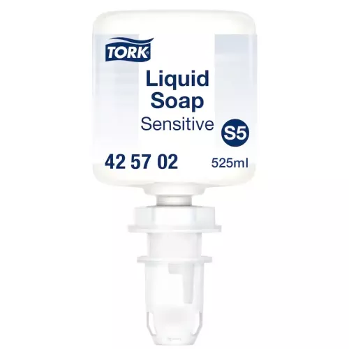 Tork Sensitive mini flytande handtvål S5 475 ml refill i vit behållare – oparfymerad, extra skonsam och dermatologiskt testad tvål för känslig hud, idealisk för Tork S5 dispensersystem i vård, kontor och offentliga hygienutrymmen