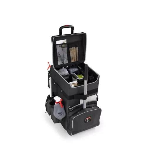 Rubbermaid Quick Cart Large – slitstark och stänkskyddad transportväska med teleskophandtag och flera fack, designad för effektiv mobil förvaring vid städning i professionella miljöer