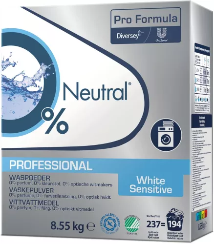 Tvättmedel Neutral Pro Formula White Sensitive – parfymfritt vittvättmedel för känslig hud, effektiv mot fläckar redan vid låg temperatur