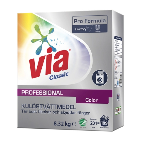 Tvättmedel Via Pro Formula Color 8 kg – professionellt kulörtvättmedel som bevarar färger och effektivt tar bort fläckar vid låg temperatur