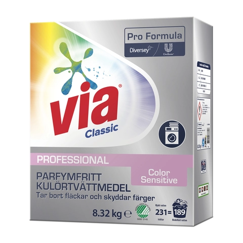 Tvättmedel Via Pro Formula Color Sensitive 8 kg – parfymfritt kulörtvättmedel för känslig hud och professionell användning