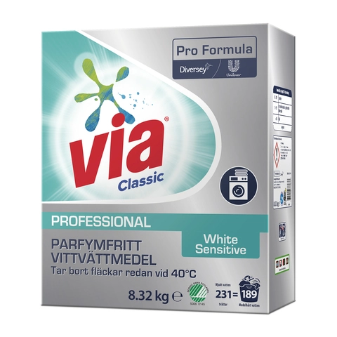 Via Pro Formula Vit Sensitive 8 kg – parfymfritt tvättmedel för vittvätt, utvecklat för känslig hud