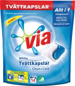 Tvättmedelskapslar Via Clean & Care Vit 14 st – doserade kapslar för skonsam och effektiv vittvätt med bevarad textilkvalitet