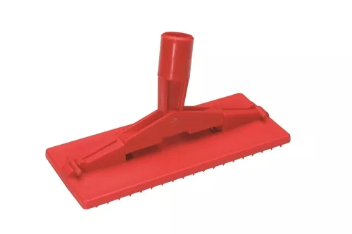 Vikan skurblockshållare i röd färg, robust plastverktyg med fäste för skaft och piggar för att hålla skurblock på plats vid manuell rengöring
