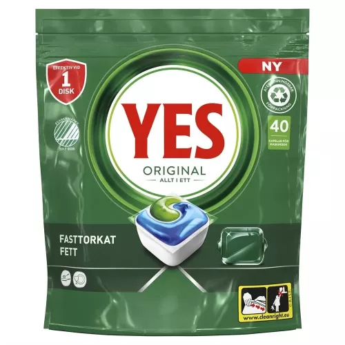 Yes All-in-One Original disktabletter 40-pack – kraftfulla maskindisktabletter med effektiv fettlösning, glans och skydd för diskmaskin i hem och professionella miljöer