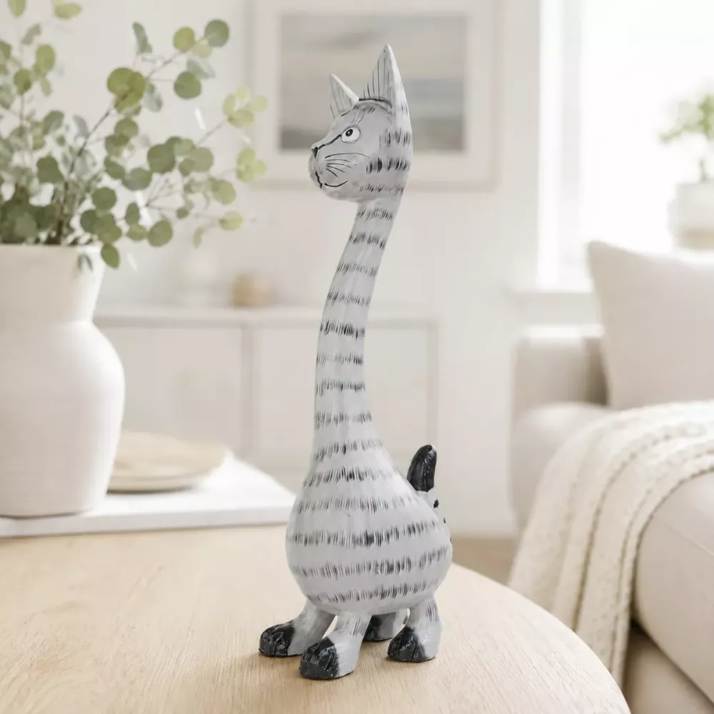 Kattfigur i Trä Grå