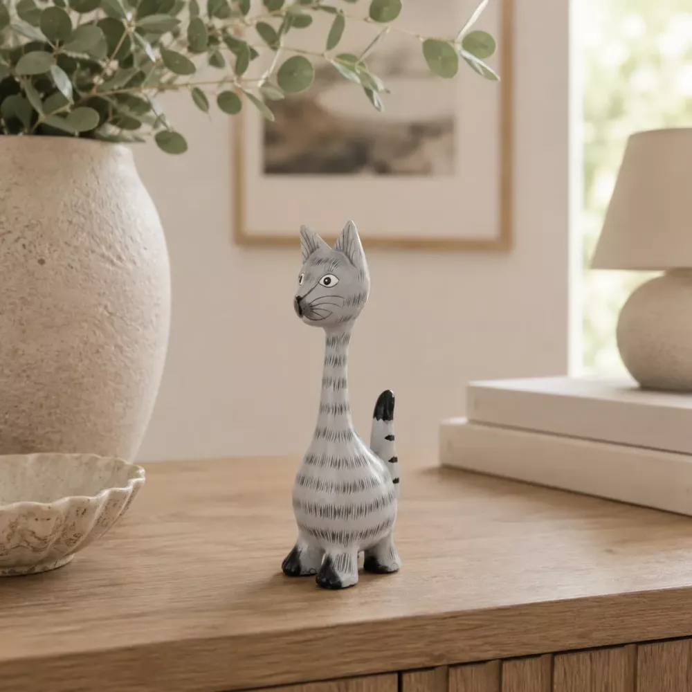Kattfigur i Trä Grå