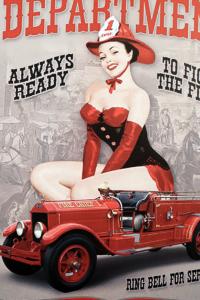 Tavla Plåtskylt Retro Fireman Pin Up