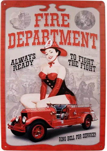 Tavla Plåtskylt Retro Fireman Pin Up