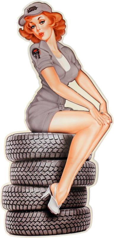 Retro Metallskylt Pin Up Girl on Tire