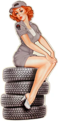 Retro Metallskylt Pin Up Girl on Tire