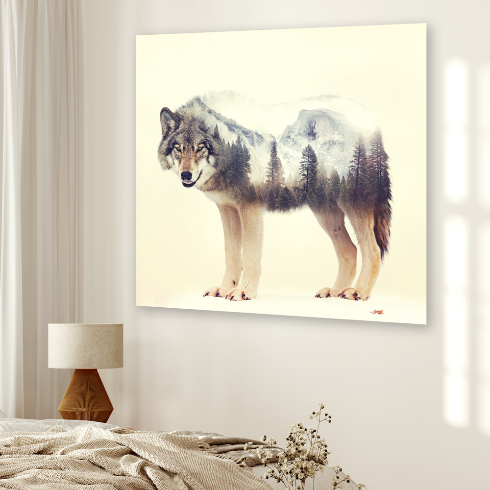 Maleri i Herdet Glass Ulv Skog