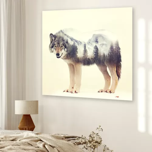 Tavla i Härdat Glas Varg Skog