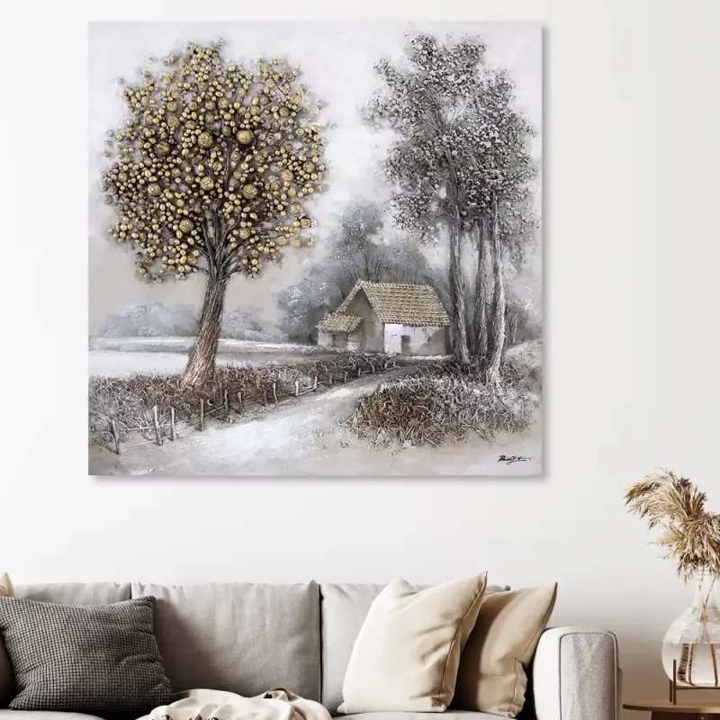 Tavla Oljemålning 3D Landskap Hus