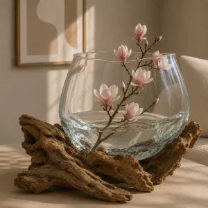 Munnblåst Glass & Naturtre Vase