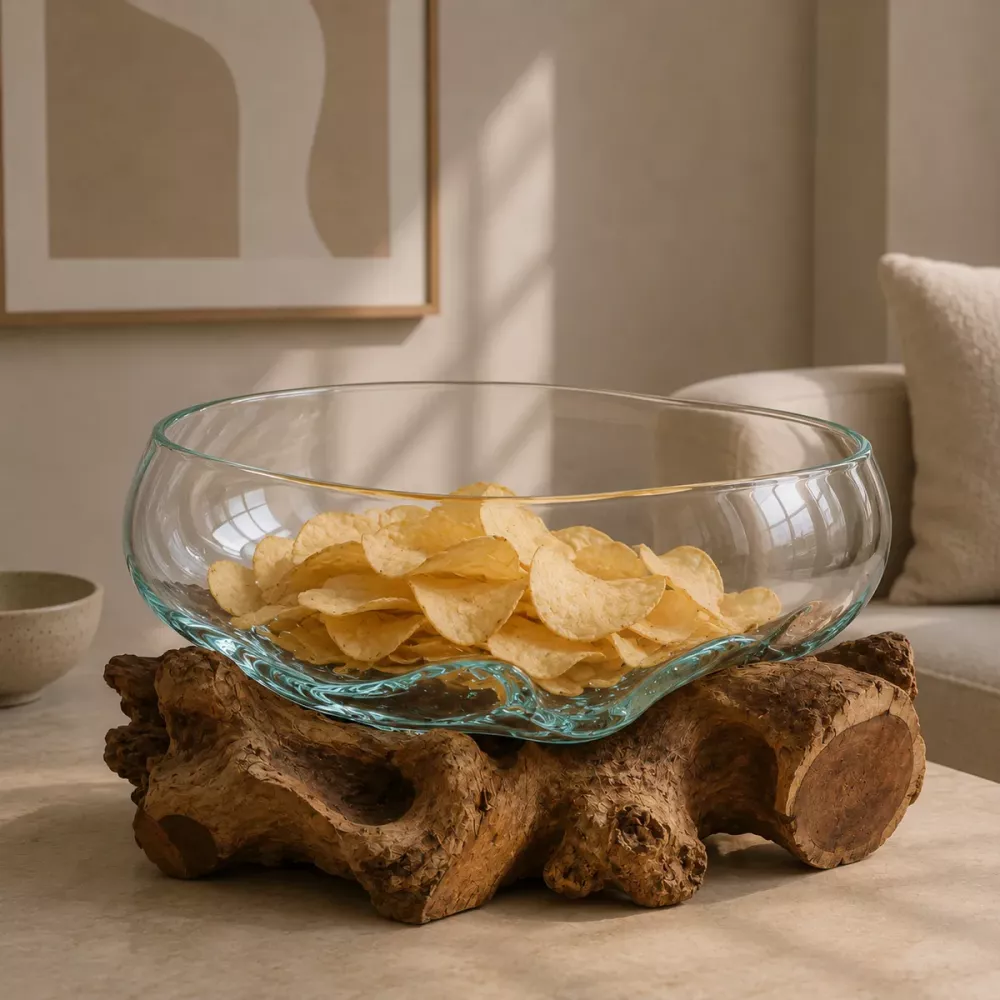 Munblåst Glas & Naturträ Skål