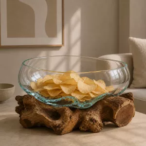 Munblåst Glas & Naturträ Skål