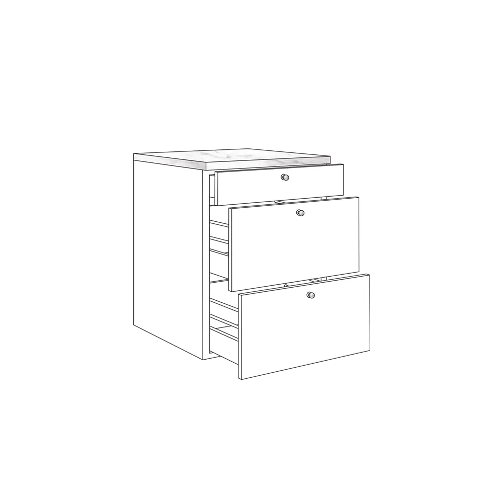 illustrerad lådsats i svart med 3 st lådor mot vit bakgrund.