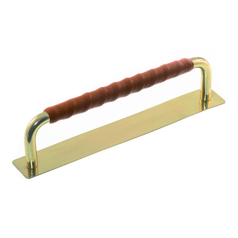 Lærhåndtak Ullevi Bakplate Messing & Cognac