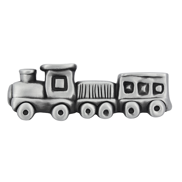 Byråknopp i form av ett tåg i svart och förnicklad metall
