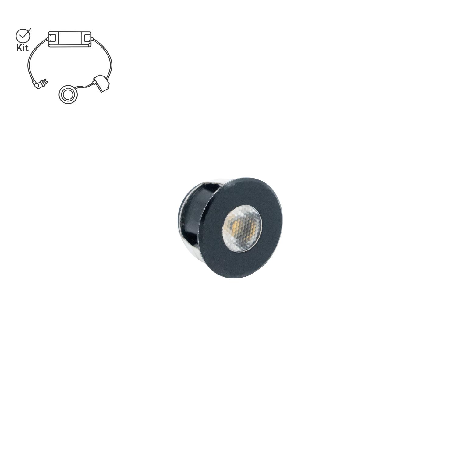 Mini LED spotlight i svart med symbol som visar att produkten köps i komplett kit