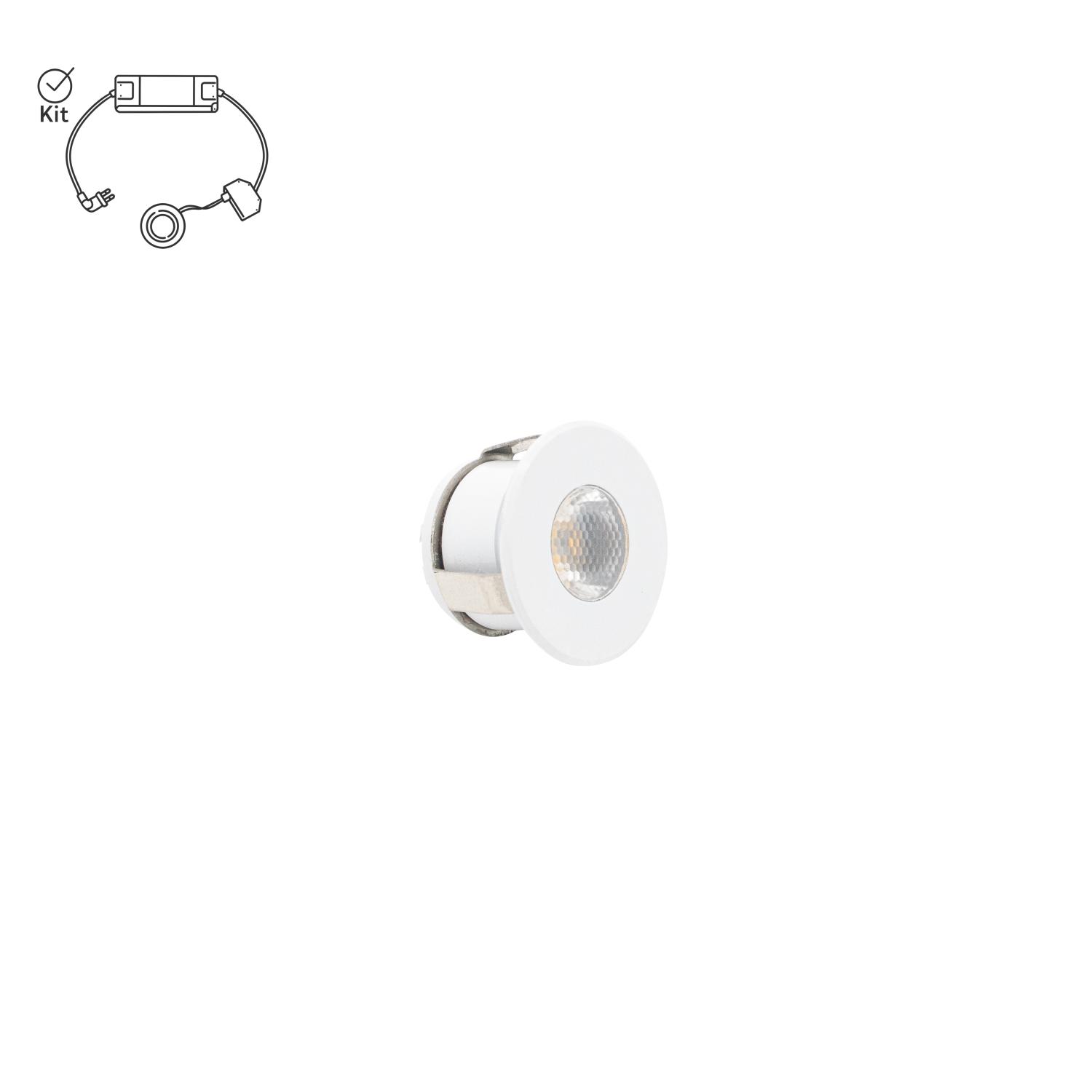 Mini LED spotlight i vitt med symbol som visar att produkten köps i komplett kit