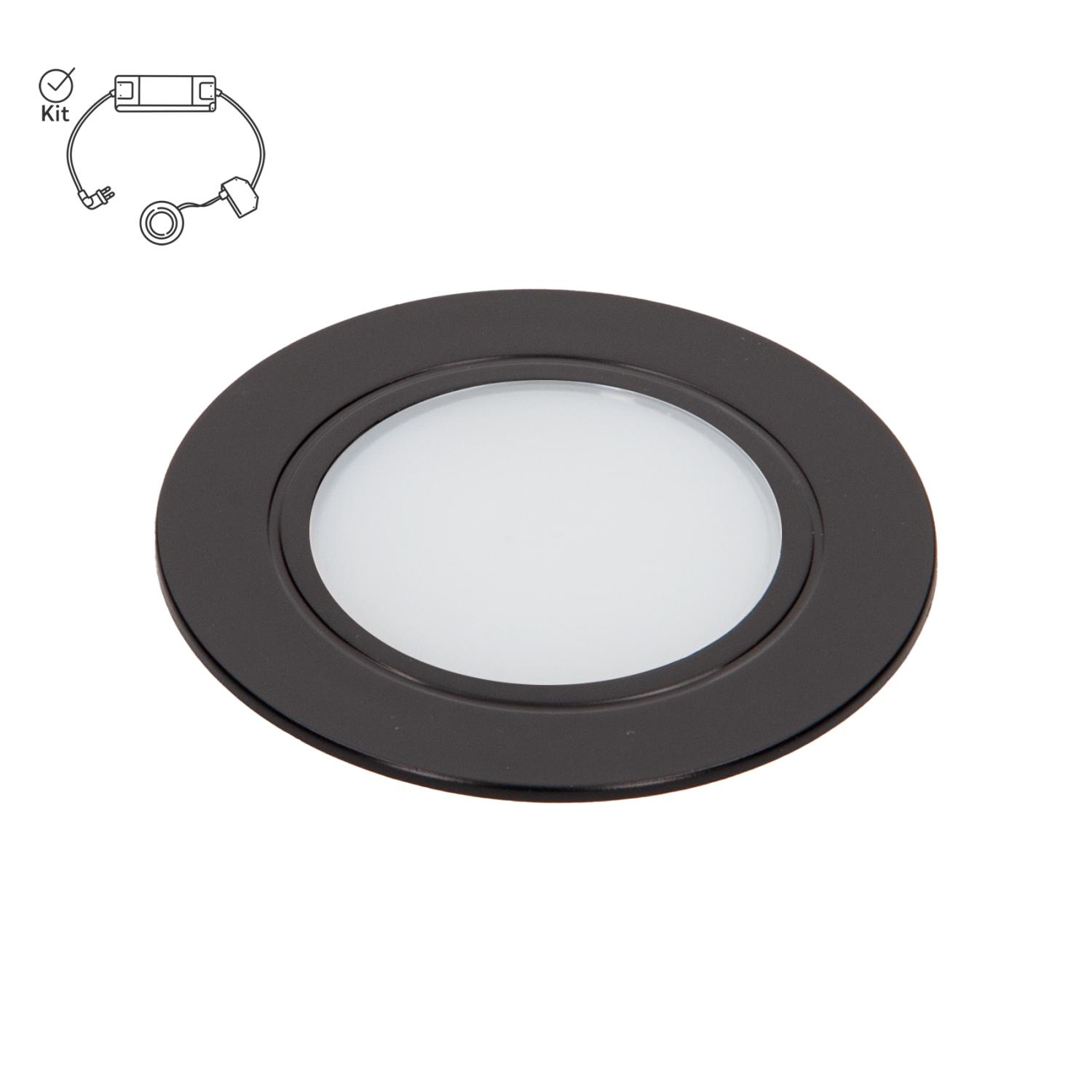 LED dimbar spotlight i svart finish med symbol som visar att produkten köps komplett i ett kit med drivdon.