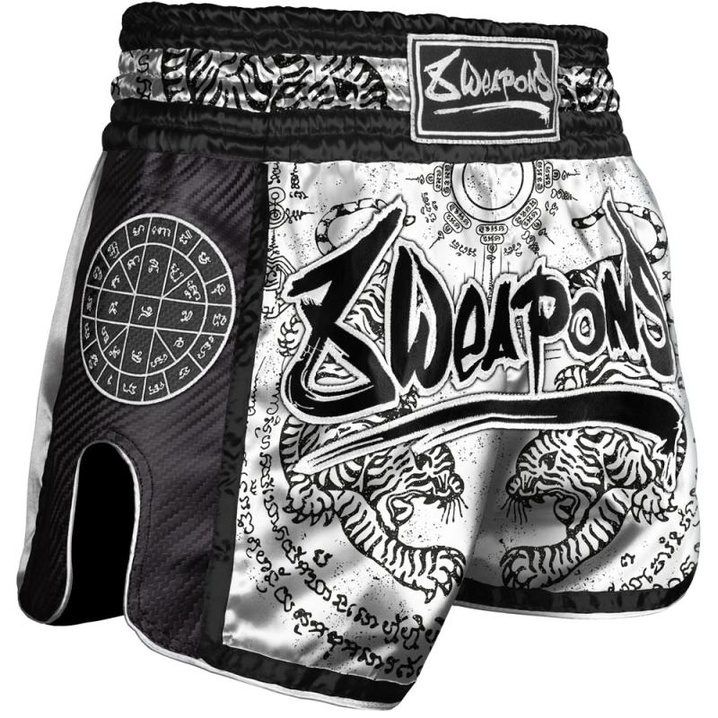 8 WEAPONS: CARBON SAK YANT TIGERS MUAY THAI SHORTS - WHITE