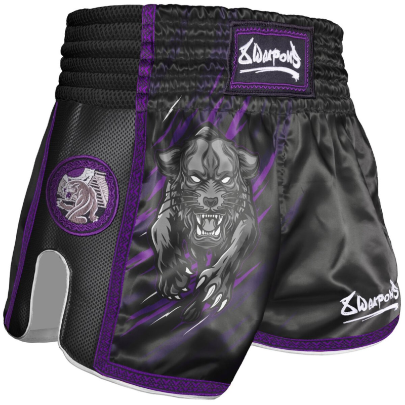8 WEAPONS: KIDS BEASTIAL PANTHER MUAY THAI SHORTS - SVART/LILA