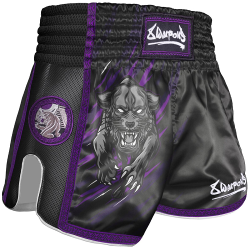 8 WEAPONS: KIDS BEASTIAL PANTHER MUAY THAI SHORTS - SVART/LILA
