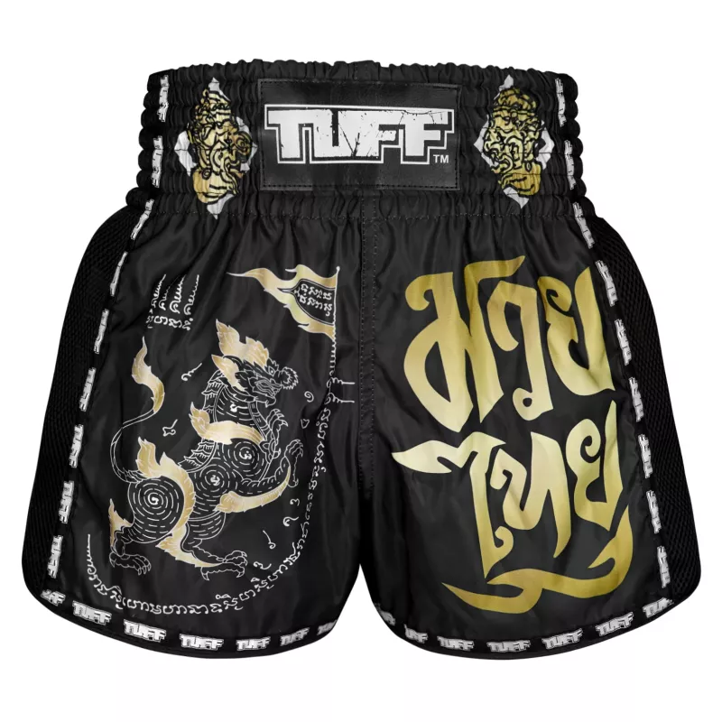 TUFF: RETRO BLACK SINGHA YANTRA MUAY THAI SHORTS - SVART/GULD