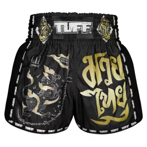 TUFF: RETRO BLACK SINGHA YANTRA MUAY THAI SHORTS - BLACK/GOLD