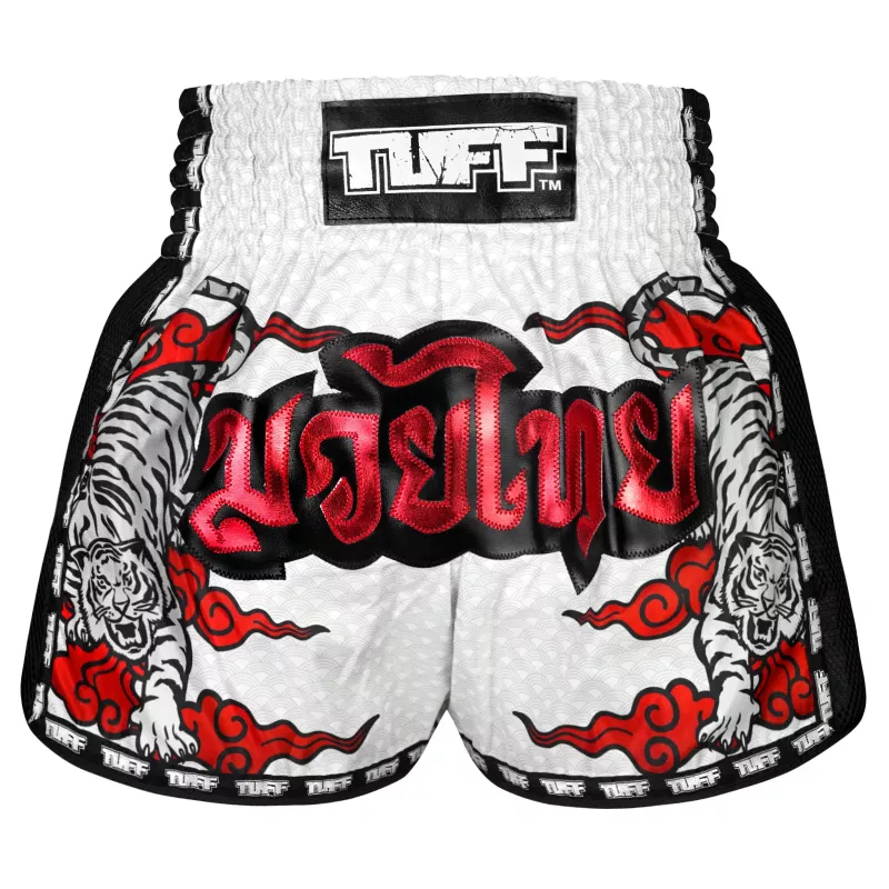 TUFF: RETRO WHITE TWIN TIGER MUAY THAI SHORTS - WHITE/RED