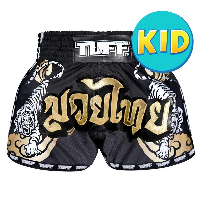 TUFF: KIDS TWIN TIGER MUAY THAI SHORTS - SVART/GULD