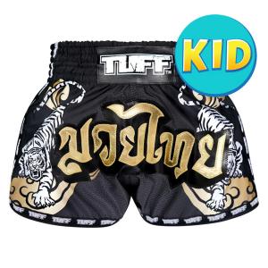 TUFF: KIDS TWIN TIGER MUAY THAI SHORTS - BLACK/GOLD